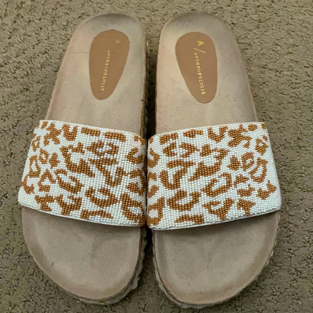 Anthropologie slides, beaded animal print